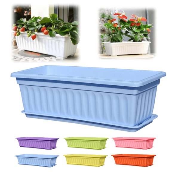 Window Planter Box for Indoor Outdoor Use, Rectangular Pots with Saucers Drainage Holes, Flower Window Box Vegetable Planter Windowsill Planters, Long Planters Box for Balconies & More - (Blue)