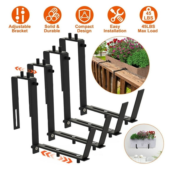 Window Planter Brackets - Iron No-Drill Wall Mounted Flower Box Holder, Adjustable 6.1-11.6" Tray, Indoor/Outdoor Rustproof Railing Hanging Basket Support, with Screws