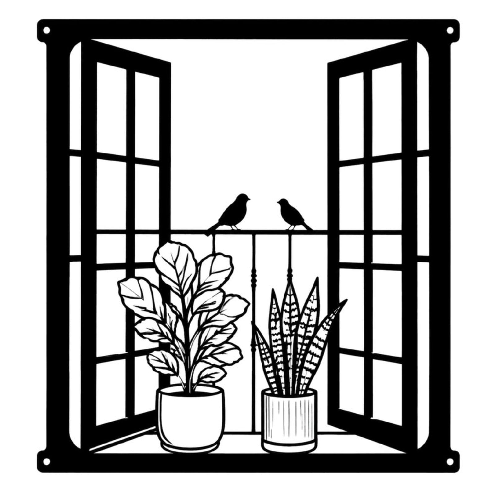 Window Plants Birds Silhouette Metal Wall Art Decor, Black Iron Wall