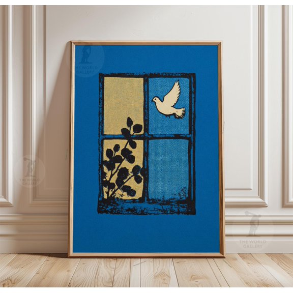 Window Poster, Minimal Dove, Stained Glass Style Wall Art, Blue Religious Decor, Poster Only
