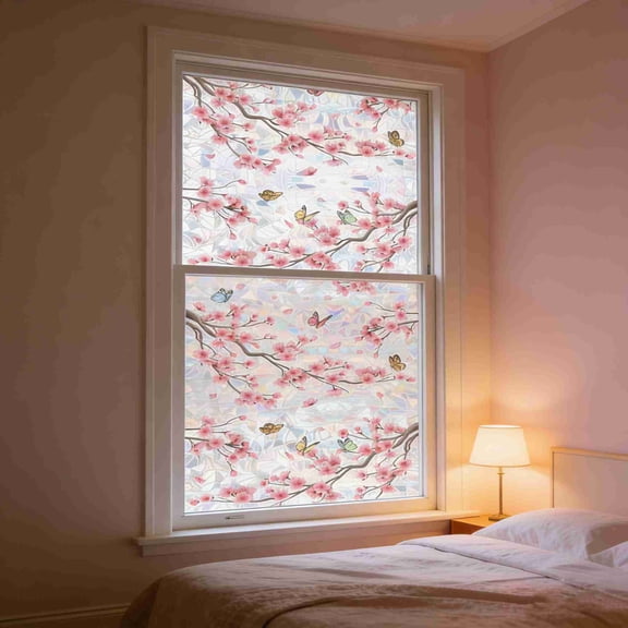 Window Privacy Film, 15.74 x 39.4 inch Non-Adhesive Rainbow Cherry Blossom Flower Window Clings 3D Decorative Vinyl Stained Glass Butterfly Floral Decals Static Cling Sticker