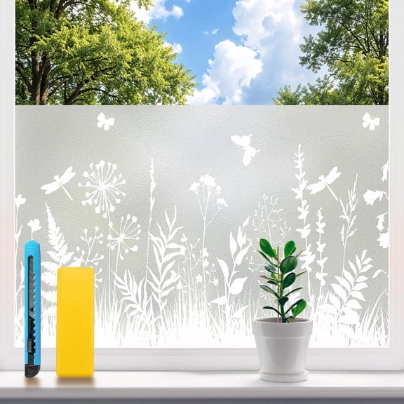Window Privacy Film 17.7" x 78.7", Frosted Glass Window Film with Floral Pattern Decorative Privacy Window Film Static Cling No Glue Light Filtering UV Blocking for Home Bathroom Office