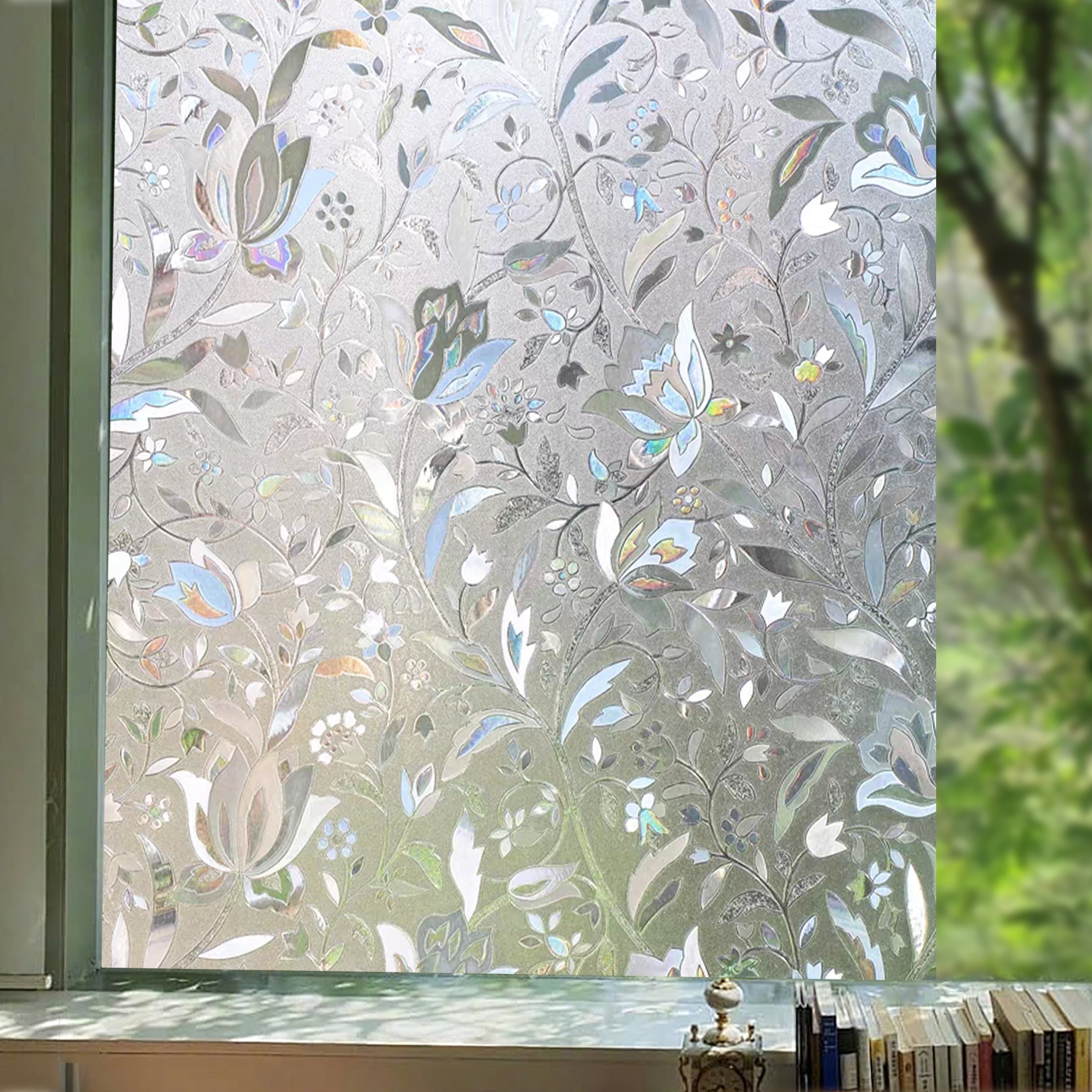Window Privacy Film, 3D Decorative Rainbow Tulip Window Clings, Translucent Stained Glass Window Decals, Static Cling Window Sticker Non-Adhesive, 17.5 x 78.7 inches