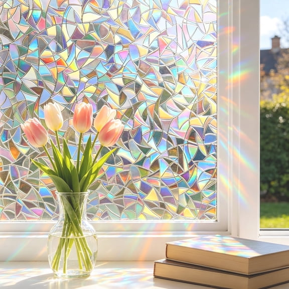Window Privacy Film, 3D Decorative Rainbow Window Clings, Stained Glass Window Decals, Static Cling Window Sticker Non-Adhesive, 17.7 x 78.7 inches