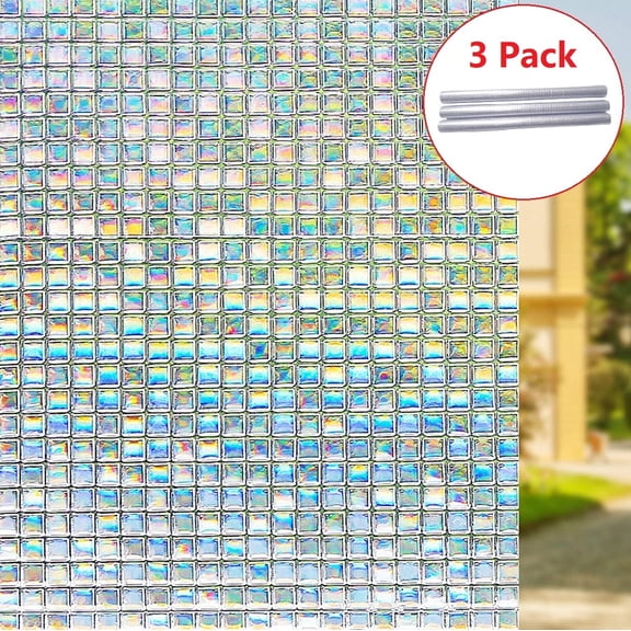 Window Privacy Film 3D Grid Pattern Static Cling to Glass Window Non-Adhesive Stained Glass Window Decals, Heat Control Anti-UV Sun Window Sticker, 3PCS of 17.7 x 78.7 inches, Totally 17.7"x236.2"