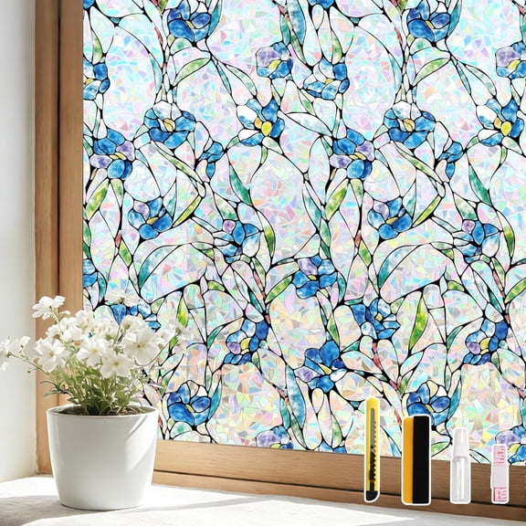 Window Privacy Film 3D Static Cling Window Film with Rainbow Effect, No Glue Heat Control & 99% UV Blocking for Home Office, Decorative Glass Cover 17.5" x 6.5'