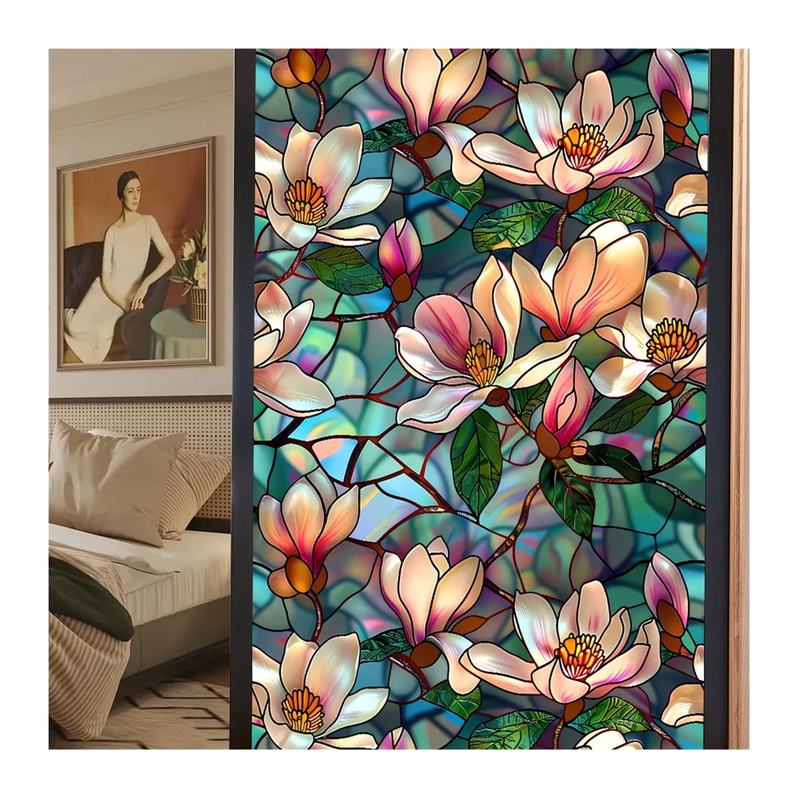 Window Privacy Film 40/60x100cm Colorful Retro Flower Birds Window Glass Electrostatic Stickers Removable Window Privacy Stained Decorative Film