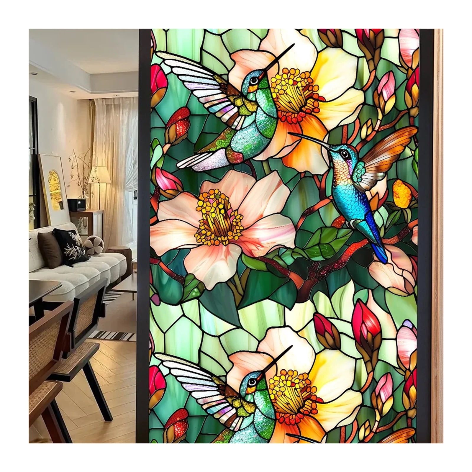 Window Privacy Film 40/60x100cm Colorful Retro Flower Birds Window Glass Electrostatic Stickers Removable Window Privacy Stained Decorative Film