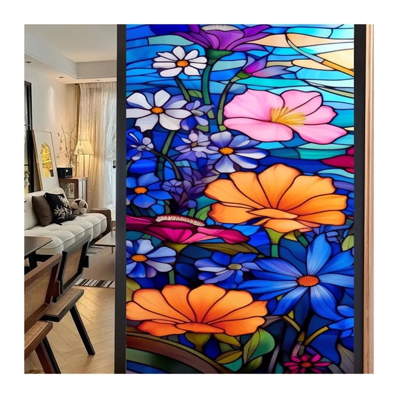 Window Privacy Film 40/60x100cm Colorful Retro Flower Birds Window Glass Electrostatic Stickers Removable Window Privacy Stained Decorative Film