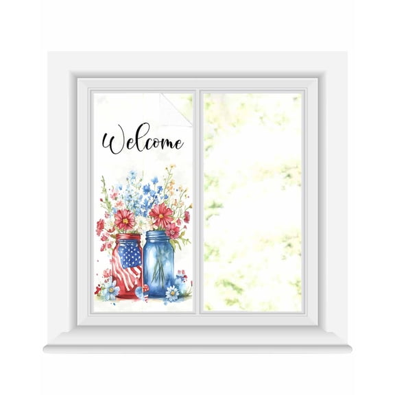Window Privacy Film 4th of July Stained Glass Window Film Decorative Sun Block Window Cover Independence Day Spring Floral American Flag Window Clings Static Adhesive Sticker for Bathroom 19.6"x39.3"