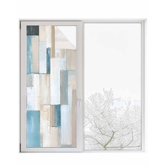 Window Privacy Film Abstract Blue Brown Stained Glass Window Film Decorative Sun Block Window Cover Oil Painting Simple Color Blocks Window Clings Static Adhesive Sticker for Bathroom 23.6"x59"