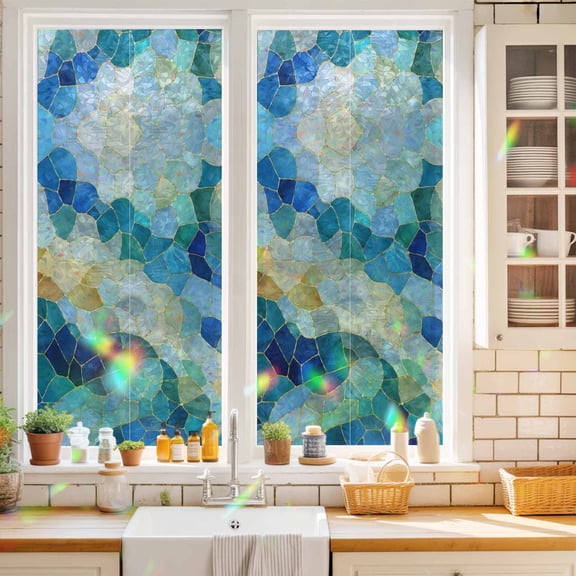 Window Privacy Film,Abstract Blue Yellow Glass Shard Static Clings Decorative Rainbow Window Films Stickers Seamless Broken Tile Print Sun Blocking Glass Cover for Home Bathroom Office,17.7"x39.3"