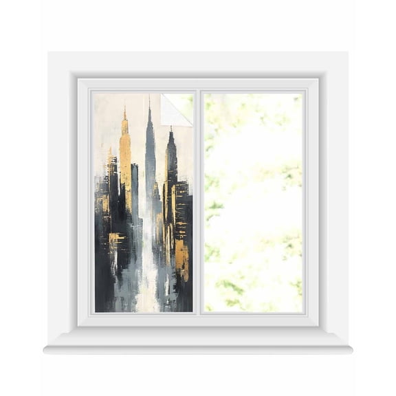 Window Privacy Film Abstract City Stained Glass Window Film Decorative Sun Block Window Cover Retro Chic Abstract Building Oil Painting Window Clings Static Adhesive Sticker for Bathroom 17.7"x39.3"