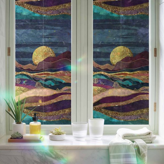 Window Privacy Film,Abstract Colored Mountain Moon Static Clings Decorative Rainbow Window Films Stickers Abstract Geometric Art Sun Blocking Glass Cover for Home Bathroom Office,17.7"x39.3"