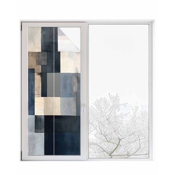 Window Privacy Film Abstract Geometric Stained Glass Window Film Decorative Sun Block Window Cover Blue Beige Gradient Oil Painting Art Window Clings Static Adhesive Sticker for Bathroom 23.6"x59"