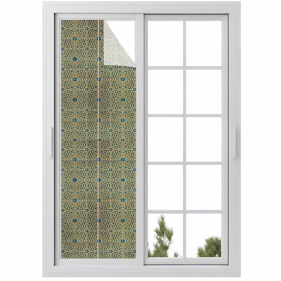 Window Privacy Film Abstract Geometric Stained Glass Window Film Decorative Sun Block Window Cover Traditional Tribe Abstract Pattern Yellow Window Clings Static Sticker for Bathroom 29.5"x118"