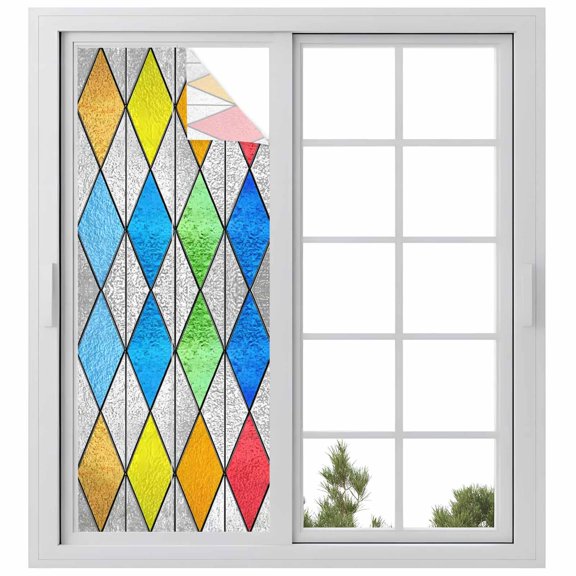 Window Privacy Film Abstract Geometric Stained Glass Window Film Decorative Window Cover Watercolor Rhombus Stained Glass Pattern Window Clings Static Adhesive Sticker for Bathroom 23.6"x59"
