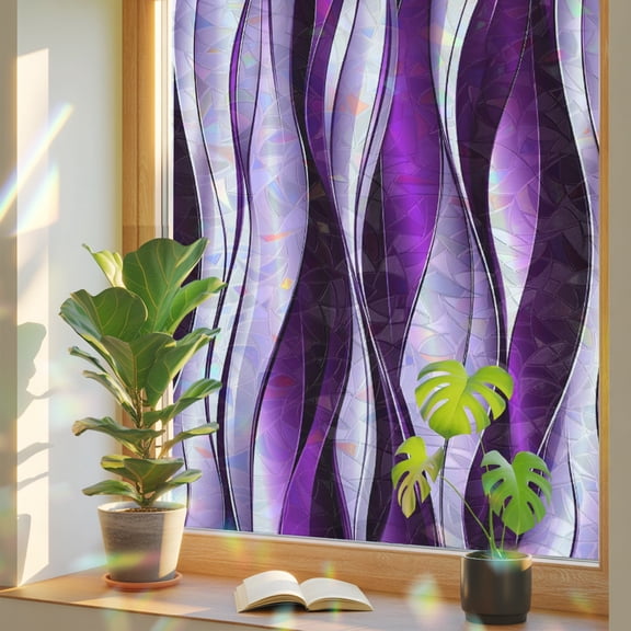 Window Privacy Film Abstract Gradient Purple Line Stained Glass Static Cling 18x39inch, Watercolor Waves Stripes Rainbow Window Film Glass Sticker for Bathroom Bedroom Home