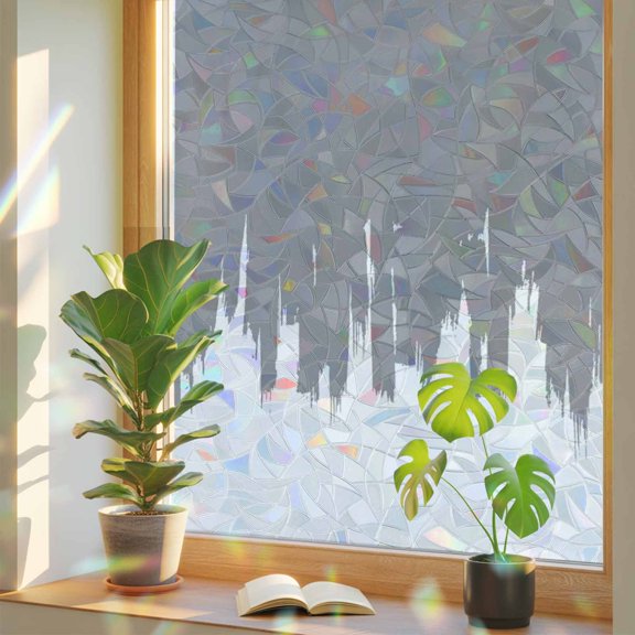 Window Privacy Film Abstract Graffiti Stained Glass Window Film Grey White Painting Rainbow Static Window Clings for Glass Windows Home Bathroom Living Room Office Glass Door Sticker 17.7"39.3"