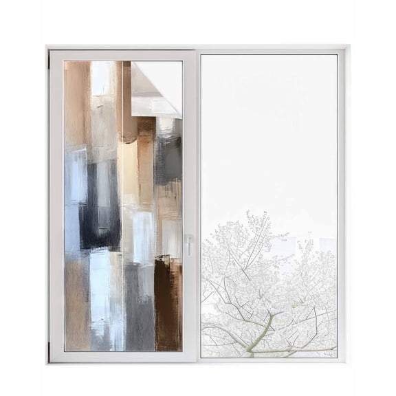Window Privacy Film Abstract Gray Brown Stained Glass Window Film Decorative Sun Block Window Cover Oil Painting Color Blocks Window Clings Static Adhesive Sticker for Bathroom 29.5"x78.7"
