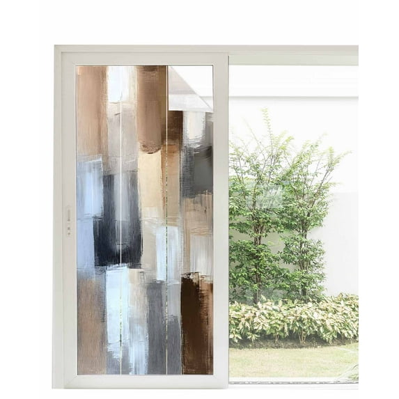 Window Privacy Film Abstract Gray Brown Stained Glass Window Film Decorative Sun Block Window Cover Oil Painting Color Blocks Window Clings Static Adhesive Sticker for Bathroom 35.4"x78.7"