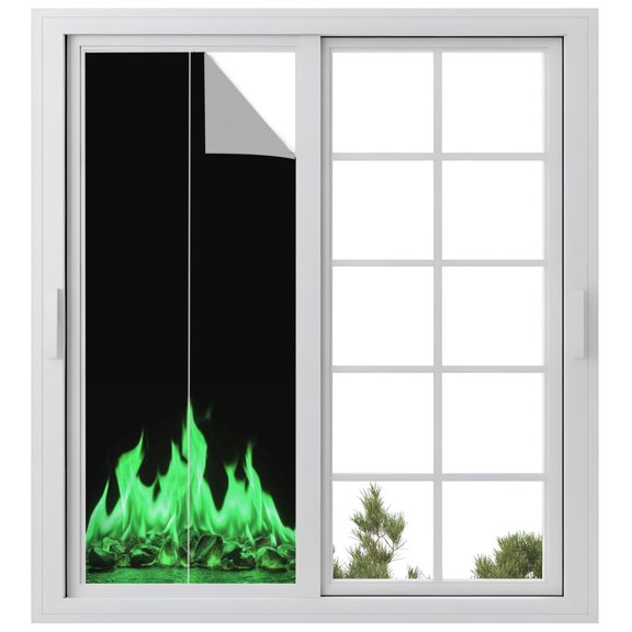 Window Privacy Film Abstract Green Flame Stained Glass Window Film Decorative Sun Block Window Cover Flickering Fire Pattern Black Window Clings Static Adhesive Sticker for Bathroom 23.6"x59"