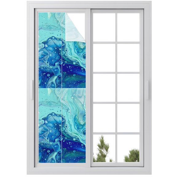 Window Privacy Film Abstract Marble Stained Glass Window Film Decorative Sun Block Window Cover Turquoise Green Fluid Gradient Waves Window Clings Static Adhesive Sticker for Bathroom 29.5"x118"