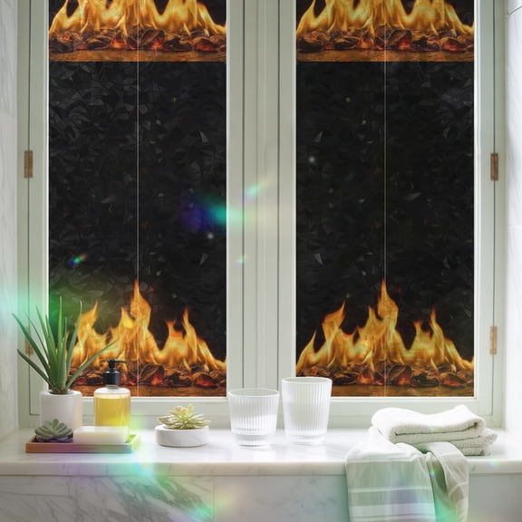 Window Privacy Film,Abstract Orange Flame on Black Static Clings Decorative Rainbow Window Films Stickers Flickering Fire Pattern Sun Blocking Glass Cover for Home Bathroom Office,17.7"x39.3"