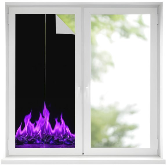 Window Privacy Film Abstract Purple Flame Stained Glass Window Film Decorative Sun Block Window Cover Flickering Fire Pattern Black Window Clings Static Adhesive Sticker for Bathroom 19.6"x39.3"