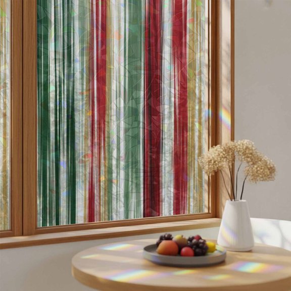 Window Privacy Film, Abstract Stained Glass Rainbow Film Modern Vertical Emerald Green C Ruby Red Ream Stripes Decorative Window Clings, Static Cling Sun Blocking Stickers For Bathroom 17.7"x39.3"