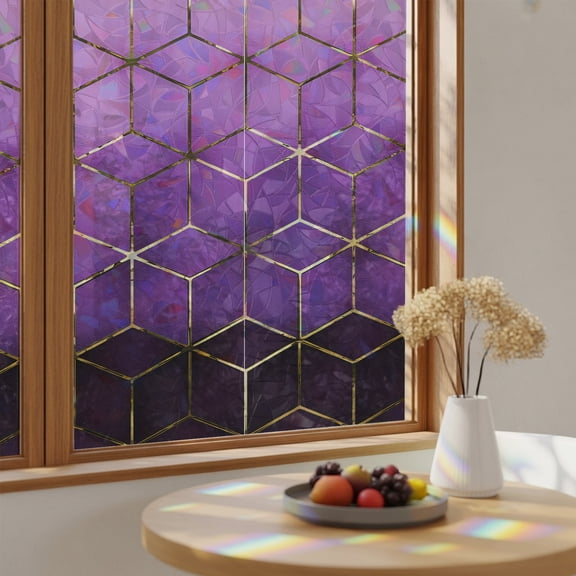 Window Privacy Film, Abstract Stereo Cube Stained Glass Rainbow Film Modern Gradient Black Purple Comb Grid Cubes Decorative Window Clings, Static Cling Sun Blocking Stickers For Bathroom 23.6"x59"