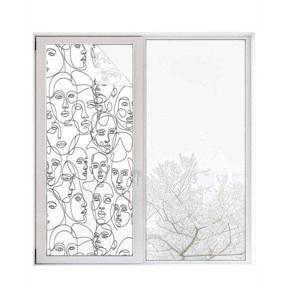 Window Privacy Film Abstract Style Stained Glass Window Film Decorative Sun Block Window Cover Face Line Modern Character Art White Window Clings Static Adhesive Sticker for Bathroom 23.6"x59"