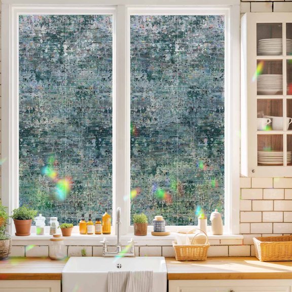 Window Privacy Film,Abstract Texture Mossy Stone Static Clings Decorative Rainbow Window Films Stickers Seafoam Teal Gray Sun Blocking Glass Cover for Home Bathroom Office,17.7"x39.3"