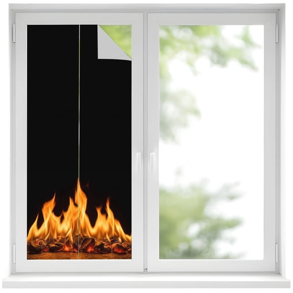 Window Privacy Film Abstract Yellow Flame Stained Glass Window Film Decorative Sun Block Window Cover Flickering Fire Pattern Black Window Clings Static Adhesive Sticker for Bathroom 17.7"x39.3"