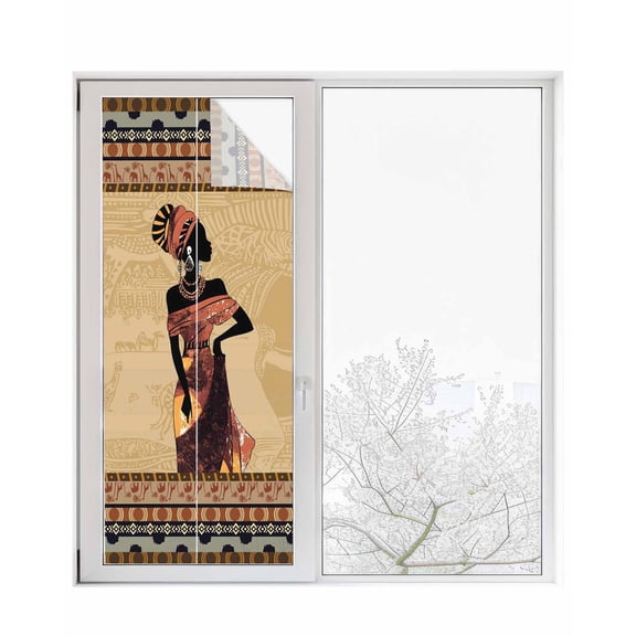 Window Privacy Film African Black Women Stained Glass Window Film Decorative Sun Block Window Cover Boho Ethnic Tribe Vintage Brown Window Clings Static Adhesive Sticker for Bathroom 23.6"x59"