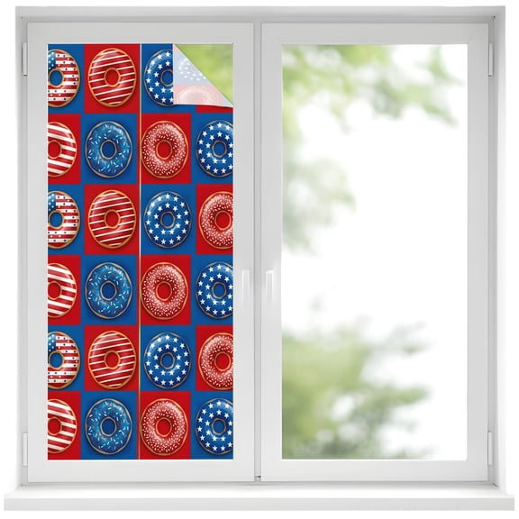 Window Privacy Film American Flag Dessert Stained Glass Window Film Decorative Sun Block Window Cover Red Blue Star Buffalo Plaid Window Clings Static Adhesive Sticker for Bathroom 19.6"x39.3"