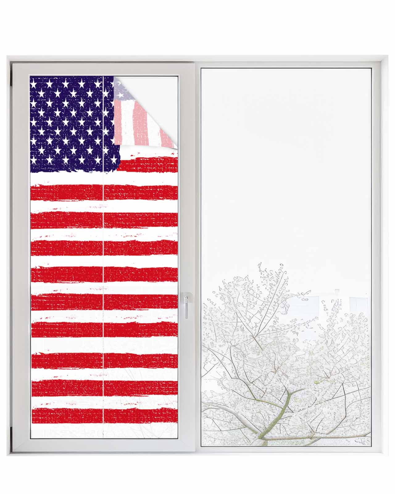 Window Privacy Film American Flag Stained Glass Window Film Decorative Sun Block Window Cover Retro Rustic Stars And Stripes US Flag Window Clings Static Adhesive Sticker for Bathroom 23.6"x59"