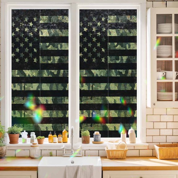 Window Privacy Film,American Retro Stars and Stripes Flag Static Clings Decorative Rainbow Window Films Stickers Forests Army Sun Blocking Glass Cover for Home Bathroom Office,17.7"x39.3"