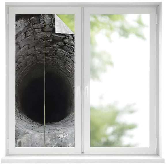 Window Privacy Film Ancient Stone Well Stained Glass Window Film Decorative Sun Block Window Cover Deep Realistic Circular Opening Window Clings Static Adhesive Sticker for Bathroom 19.6"x39.3"