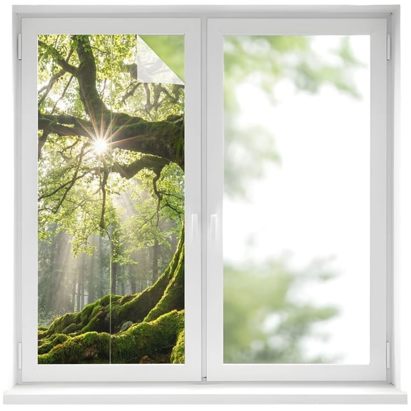 Window Privacy Film Ancient Tree Stained Glass Window Film Decorative Sun Block Window Cover Zen Mystical Green Lush Forest Nature Window Clings Static Adhesive Sticker for Bathroom 19.6"x39.3"