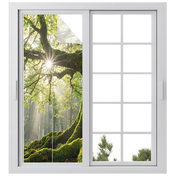 Window Privacy Film Ancient Tree Stained Glass Window Film Decorative Sun Block Window Cover Zen Mystical Green Lush Forest Nature Window Clings Static Adhesive Sticker for Bathroom 23.6"x59"