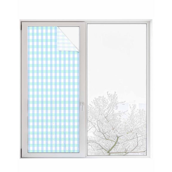 Window Privacy Film Aqua Blue Green Stained Glass Window Film Decorative Sun Block Window Cover Checkered Plaid Gingham Lattice Trellis Window Clings Static Adhesive Sticker for Bathroom 23.6"x59"