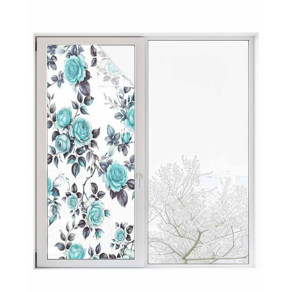 Window Privacy Film Aqua Rose Stained Glass Window Film Decorative Sun Block Window Cover Rustic Romantic Botanical Floral Vines Art Window Clings Static Adhesive Sticker for Bathroom 29.5"x78.7"