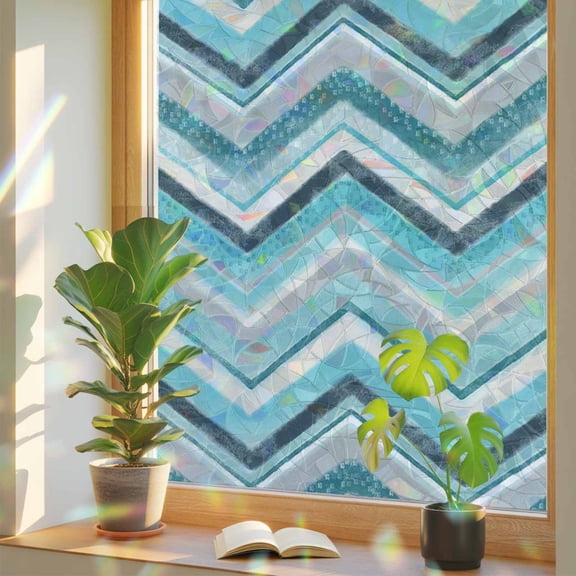 Window Privacy Film Aqua Turquoise Chevron Stained Glass Window Film Geometric Design Stripe Rainbow Static Window Clings for Glass Windows Home Bathroom Living Room Office Door Sticker 17.7"39.3"