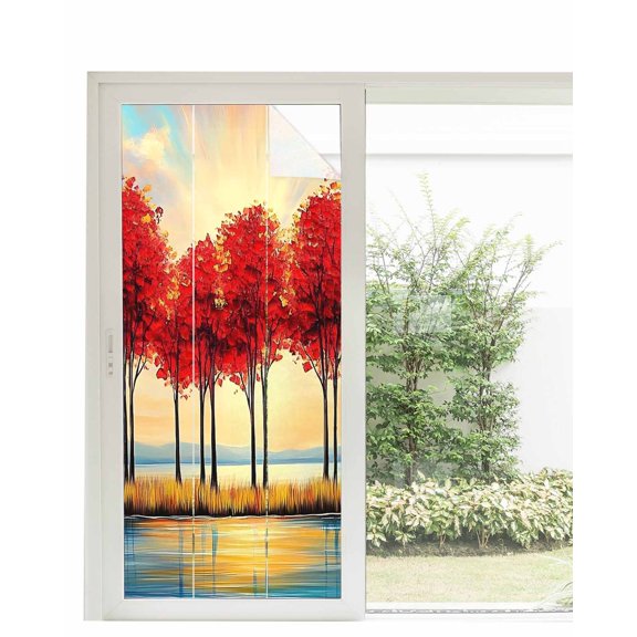 Window Privacy Film Autumn Leaves Stained Glass Window Film Decorative Sun Block Window Cover Orange Sunrise Ombre Lake Reflection Window Clings Static Adhesive Sticker for Bathroom 35.4"x78.7"
