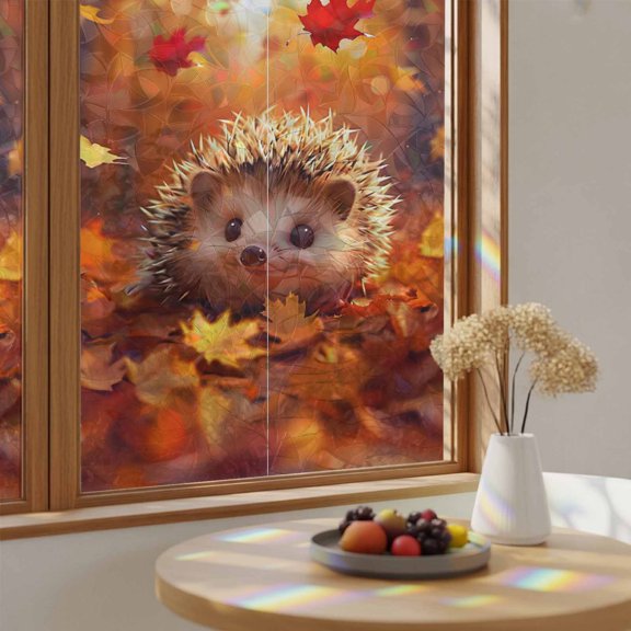Window Privacy Film Autumn Maple Leaves Cute Hedgehog Stained Glass Static Cling 24x59inch, Cartoon Orange Leaves Rainbow Window Film Glass Sticker for Bathroom Bedroom Home
