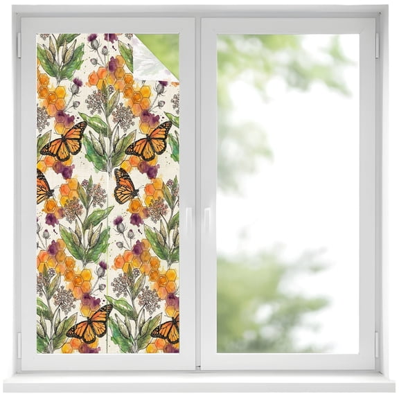 Window Privacy Film Autumn Monarch Butterflies Stained Glass Window Film Decorative Sun Block Window Cover Wildflowers Botanical Foliage Window Clings Static Adhesive Sticker for Bathroom 17.7"x39.3"