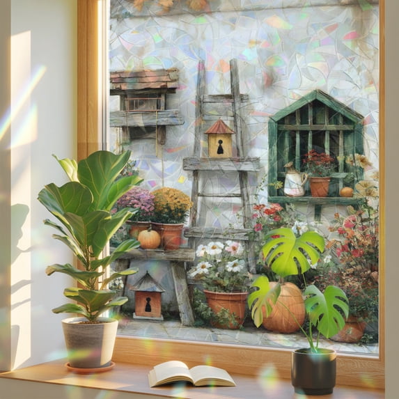 Window Privacy Film Autumn Pastoral Floral Foliage Stained Glass Static ...