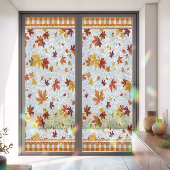 Window Privacy Film,Autumn Thanksgiving Watercolor Maple Leaf Seamless Static Clings Decorative Rainbow Window Films Stickers Orange Buffalo Grid Sun Blocking Glass Cover for Home Office,35.4"x78.7"