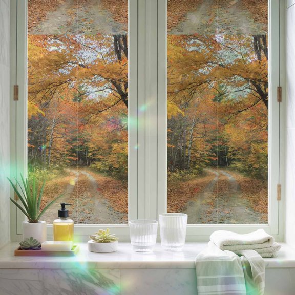 Window Privacy Film,Autumn Wild Path Forest Fallen Leaf Static Clings Decorative Rainbow Window Films Stickers Fall Natural Scenery Sun Blocking Glass Cover for Home Bathroom Office,29.5"x78.7"